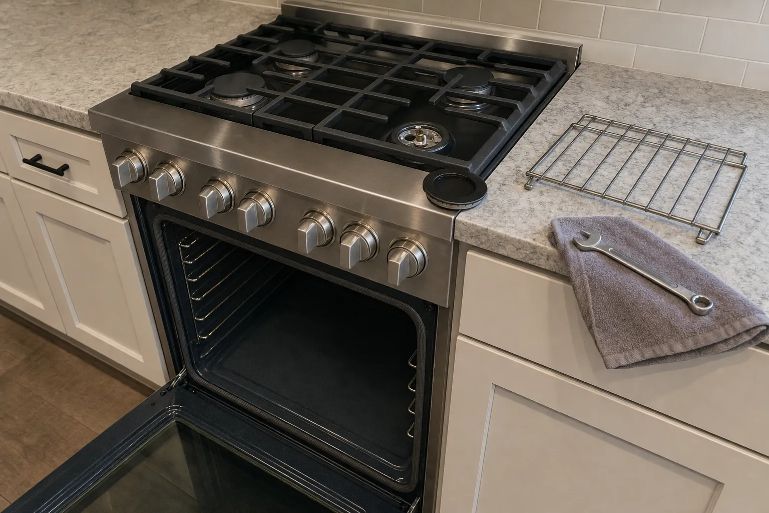 Stainless gas range with one burner cap lifted off, oven door open and a rack set on the counter