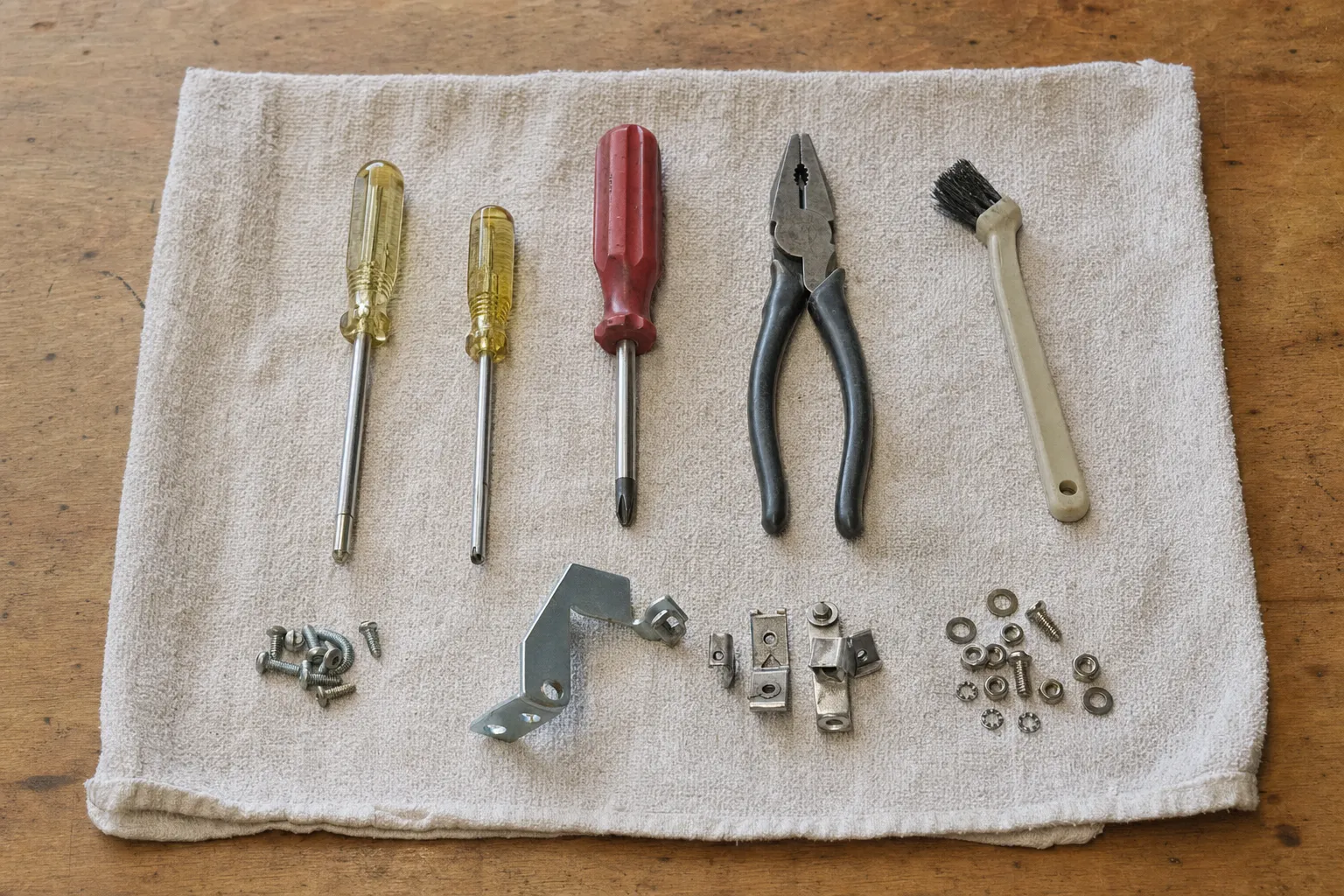 Three screwdrivers, lineman’s pliers and a small nylon brush on a towel, with a Z-shaped bracket, two latches and loose washers below