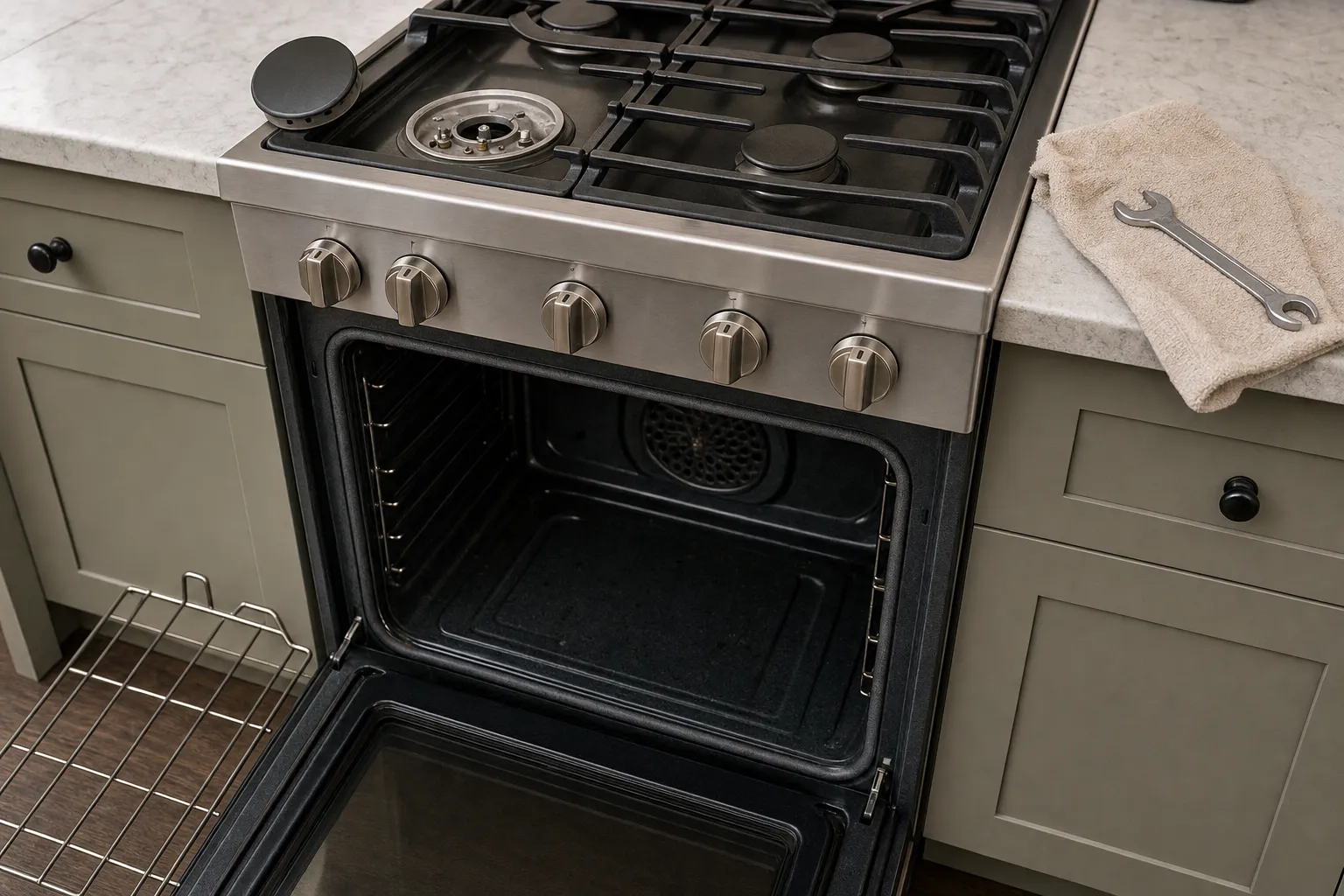 Gas range between sage shaker cabinets, the front burner cap set aside, the oven open to its fan cover and a rack on the floor