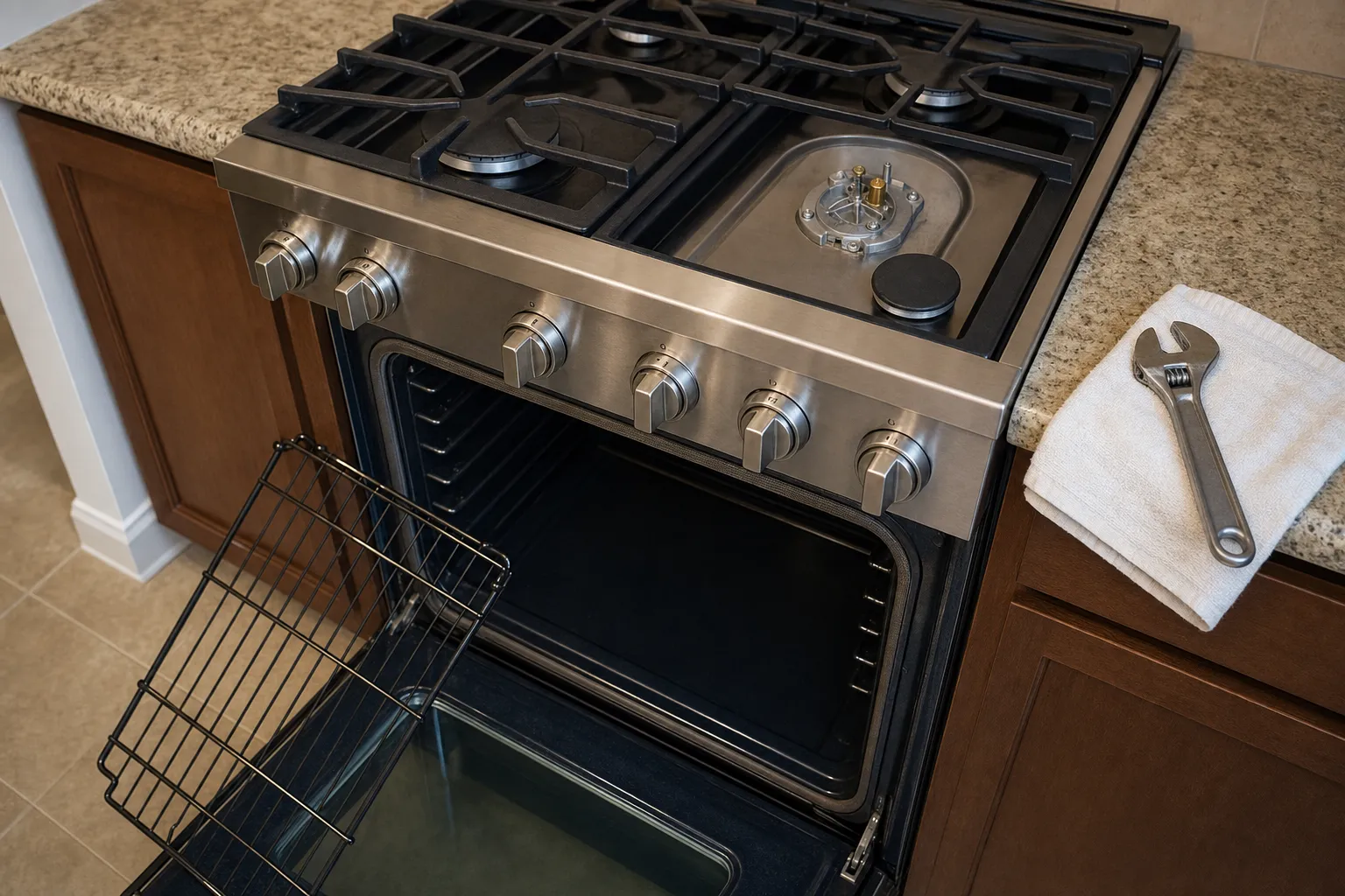Stainless gas range in walnut cabinets, one oval burner stripped to its brass fitting and an adjustable wrench on a white towel