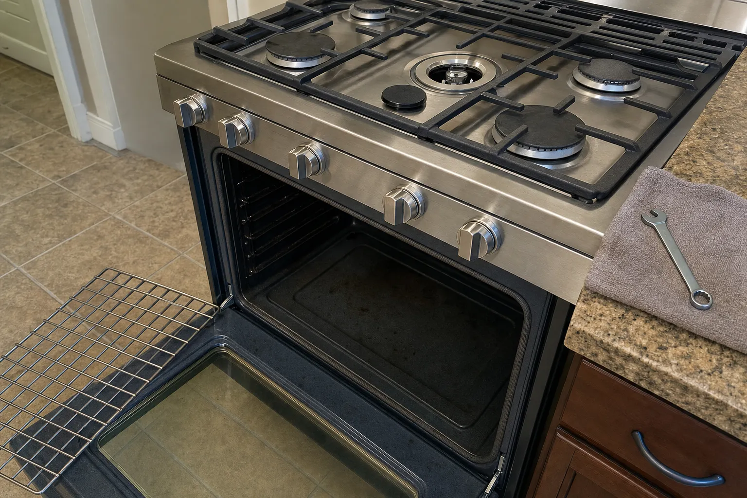 Five-burner stainless range with the centre burner uncapped, the oven door down, a wire rack on the floor and a wrench on a grey towel