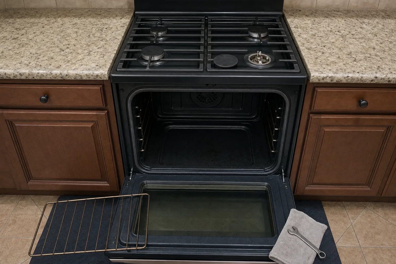 Black four-burner gas range between brown cabinets seen from the front, one burner uncapped, the door lowered and a rack on a dark mat
